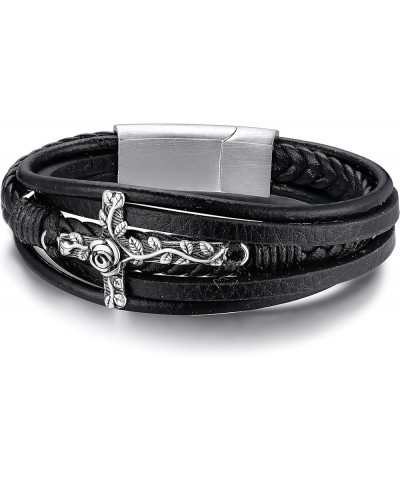 Stainless Steel Braided Leather Bracelet for Men, Punk Cuff Bangle 7.1'', 8.3'', 9 Inches Wristband, Black 19.0 Centimeters R...