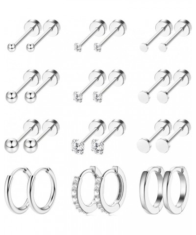 12 Pairs Tiny Stud Hoop Earring 18K Gold Plated Stainless Steel Earring Sets for Multiple Piercing Small Threadless Flat Back...