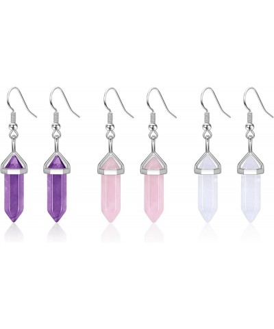 3Pairs Healing Crystals Earrings Sets for Women Girls Natural Real Amethyst Rose Quartz Stone Healing Hexagonal Points Crysta...