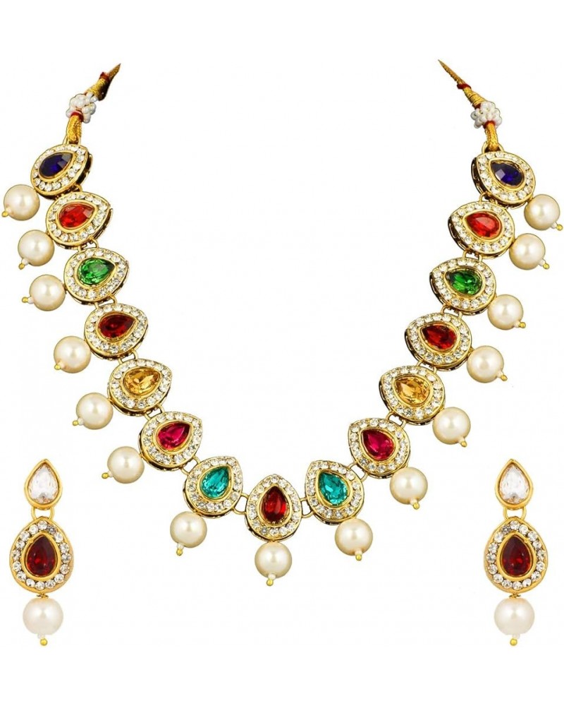 Fashion Gold Plated Kundan Studded Necklace & Earring Jewelry Set Multi-color $11.66 Jewelry Sets