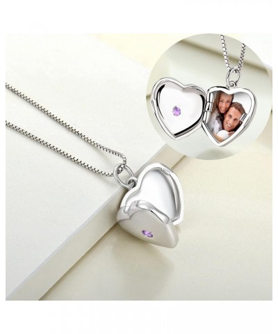 Heart Locket Necklace 925 Sterling Silver Personalized Photo Lockets Pendant Custom Picture Jewelry for Women 2-amethyst-Feb ...