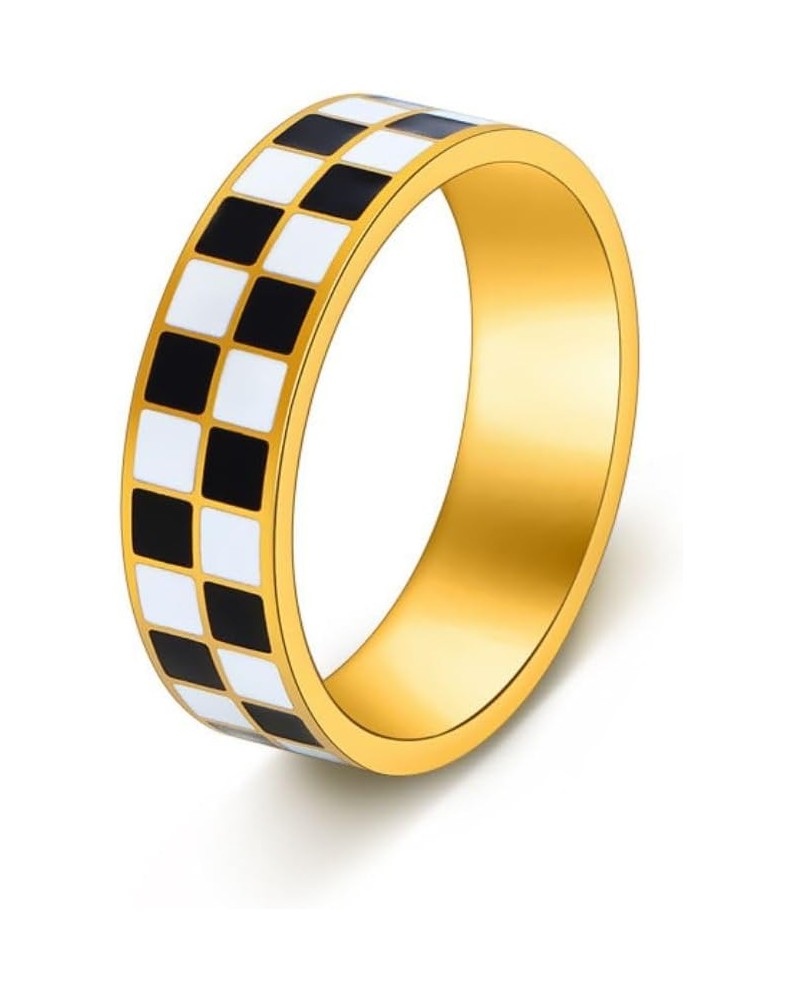 Checkerboard Bands Statement Finger Ring 14K Gold Plated Black White Titanium Steel Ring $7.35 Rings