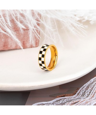 Checkerboard Bands Statement Finger Ring 14K Gold Plated Black White Titanium Steel Ring $7.35 Rings