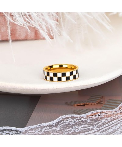 Checkerboard Bands Statement Finger Ring 14K Gold Plated Black White Titanium Steel Ring $7.35 Rings