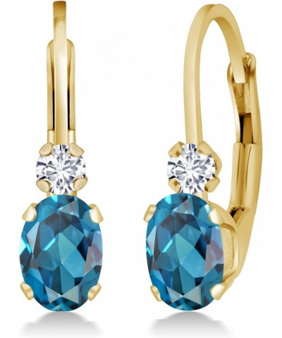 14K Yellow Gold London Blue Topaz and White Diamond Leverback Earrings For Women | 1.07 Cttw | Gemstone November Birthstone |...