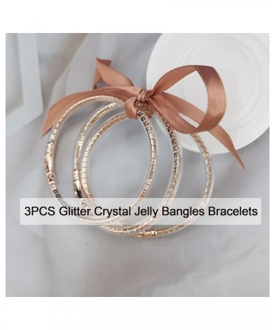 3PCS Crystal Jelly Bangles Bracelets Set Filled Jelly Rhinestone Silicone Bracelet for Women Girls Rose gold Circumference 7....