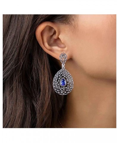 Vintage Filigree Teardrop Dangle Earrings Silver Tribal Blue Earrings Hollow Out Oval Earrings Waterdrop Sapphire Drop Earrin...