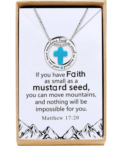 Central Cross Pendant Circle Ring Necklace Engraved Faith as Small as Mustard Seed Can Move Mountains-Box Packed Blue $8.55 N...