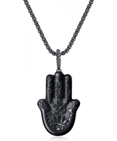 Black Obsidian Hamsa Hand Necklace for Men Women 20" Stainless Steel Chain $14.57 Necklaces