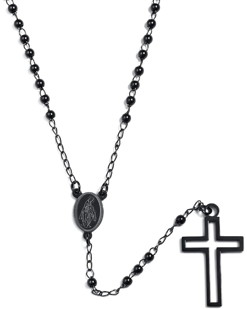 Unisex Black Stainless Steel Long Rosary Bead Chain Jesus Cross Catholic Crucifix Cross Necklace,36 XS.4mm Bead-virgin mary-B...