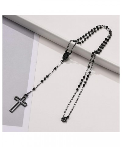 Unisex Black Stainless Steel Long Rosary Bead Chain Jesus Cross Catholic Crucifix Cross Necklace,36 XS.4mm Bead-virgin mary-B...