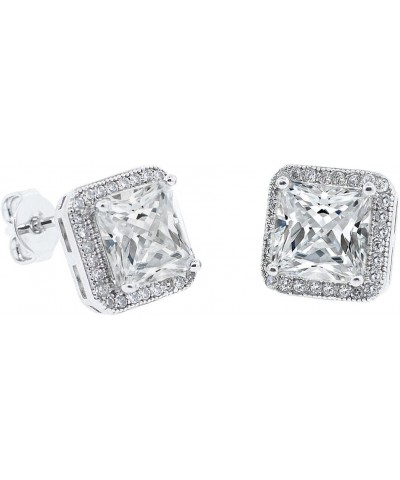 Norah 18k White Gold Halo Stud Earrings | Princess Cut Cubic Zirconia Earrings, Women's Silver Earrings with CZ Crystals, Hal...