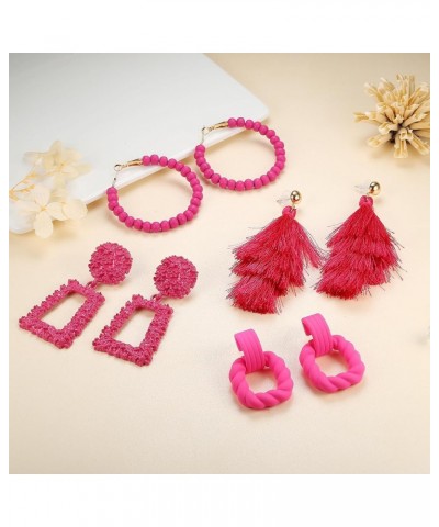 4Pairs Hot Pink Earrings for Women Statement Earrings Geometric Heart Drop Hoop Earrings Boho Long Tassel Dangle Earrings Hoo...