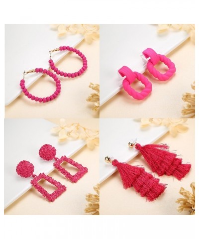 4Pairs Hot Pink Earrings for Women Statement Earrings Geometric Heart Drop Hoop Earrings Boho Long Tassel Dangle Earrings Hoo...