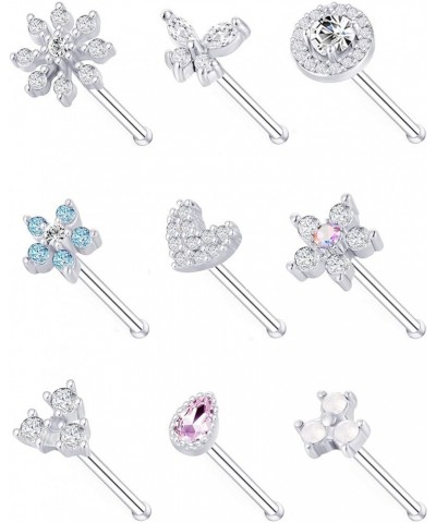 9Pcs Nose Rings Stud L Bone Screw Shaped Nose Ring Flower CZ Snowflake Butterfly Screw Nose Stud Body Piercing Jewelry for Wo...