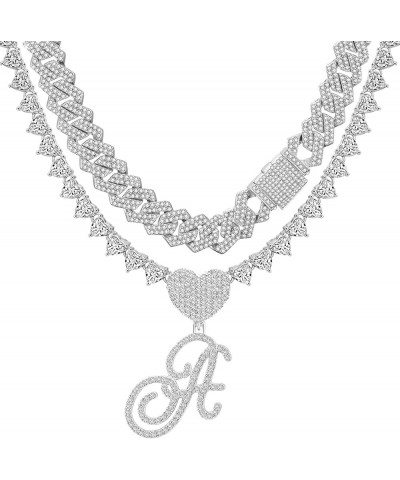 Silver Cuban Link Chain for Women Cursive Initial Layered Necklaces Heart Shape Bling Diamond Iced Out Pendant Necklace for W...