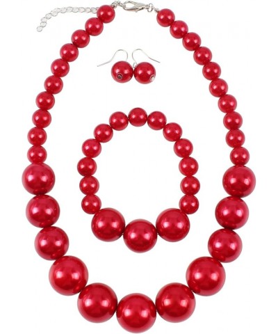 Women's Large Big Simulated Pearl Statement 19" Necklace Bracelet and Earrings Jewelry Set red $9.79 Jewelry Sets