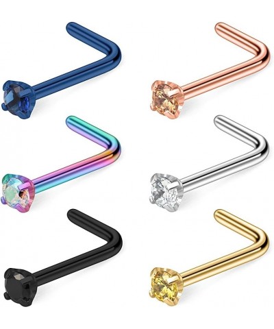 6PCS 22G Surgical Steel Mix Color Diamond CZ Nose Stud Rings L Shaped Piercing Jewelry 1.5mm 2mm 2.5mm 3mm 6PCS - 2mm CZ $8.5...