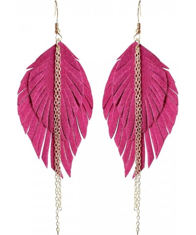 Handmade Bohemian Vintage Long Soft Genuine Leather Fringe Double Layer Feather Earrings Lightweight Color PU Leaf Drop Dangl...