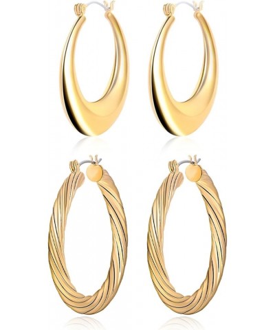 gold earrings, 14K gold-plated earrings, thin thickened open C-shaped earrings, gold-plated earrings for women 2 Pairs Gold H...