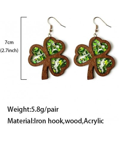 St. Patrick's Day Earrings Handmade Lightweight Green Lucky Clover Wooden Dangle Earrings for Women Girls Shinning Glitter Ir...