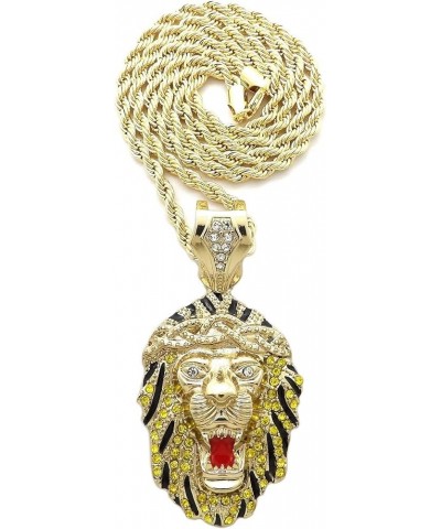 Stone Stud Black Stripe King Lion Head Pendant with 4 mm 24" Rope Chain Necklace Gold-Tone $12.99 Necklaces