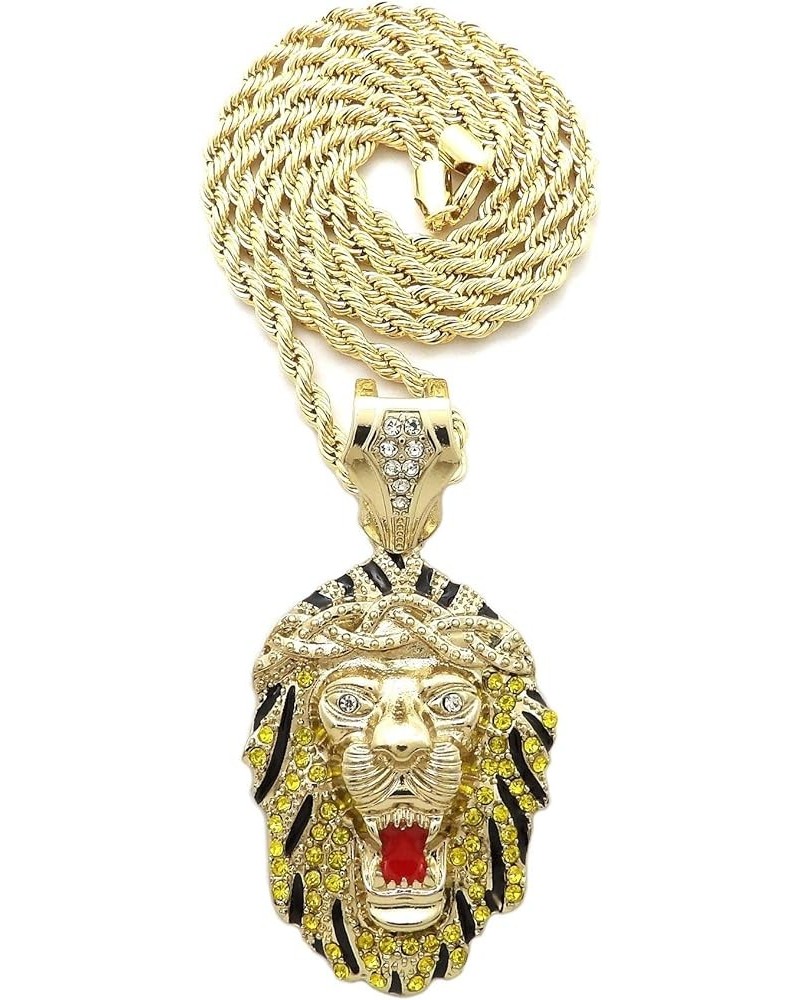 Stone Stud Black Stripe King Lion Head Pendant with 4 mm 24" Rope Chain Necklace Gold-Tone $12.99 Necklaces