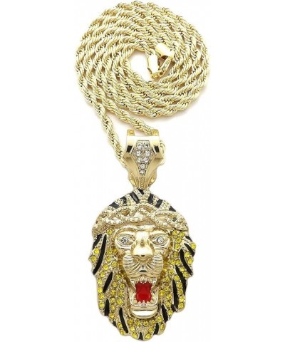 Stone Stud Black Stripe King Lion Head Pendant with 4 mm 24" Rope Chain Necklace Gold-Tone $12.99 Necklaces