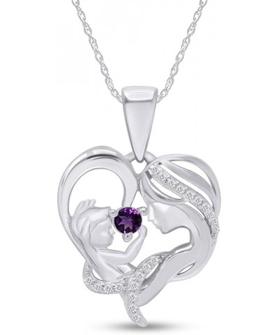 Round Cut Simulated Birthstone & White Cubic Zirconia Mom with Child Heart Pendant Necklace in 14K White Gold Over Sterling S...