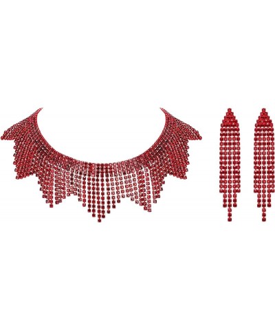 Rhinestone Tassel Jewelry Set, Sparkly Crystal Fringe Chain Tassel Choker Necklace Chandelier Earrings Set Red $14.57 Jewelry...