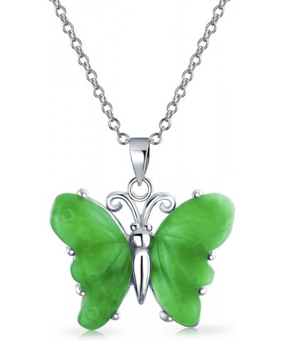 Gemstone Carved Pink Quartz Light Green Jade Garden Butterfly Pendant Necklace For Women Teen .925 Sterling Silver With Chain...