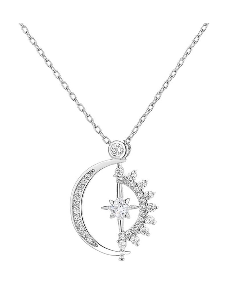 Sun Moon Necklace for Women Silver Sparkly Cubic Zirconia Rotatable Pendant Dainty Crescent Moon Star Spin Necklace for Girls...