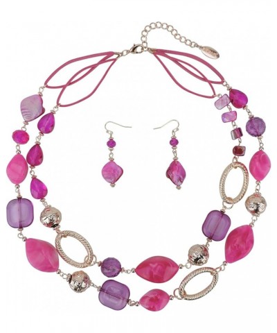 2 Strand Statement Choker Shell Necklace and Earring Set for Women Gift Fuchsia Purple $11.39 Necklaces