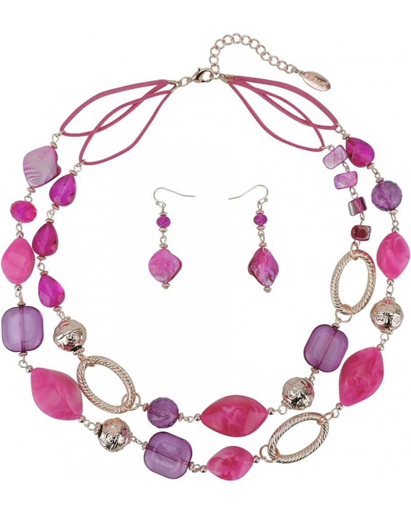 2 Strand Statement Choker Shell Necklace and Earring Set for Women Gift Fuchsia Purple $11.39 Necklaces