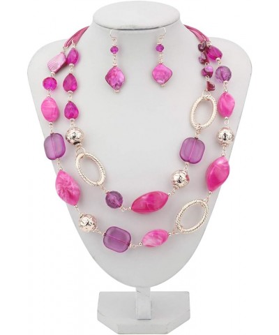 2 Strand Statement Choker Shell Necklace and Earring Set for Women Gift Fuchsia Purple $11.39 Necklaces