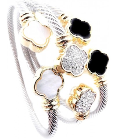 GORGEOUS 18kt Gold Plated Clover Flower End Tips Twisting Silver Cable Cuff Bracelet Mother Pearl Shell $23.93 Bracelets