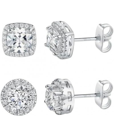 18K White Gold Plated Round Square Cut Moissanite Halo Stud Earrings Pack Jewelry (2 Pairs) $8.69 Earrings