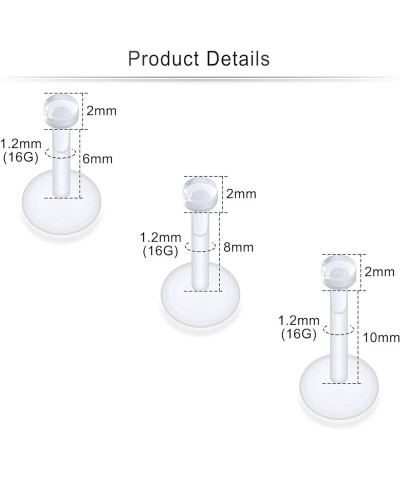 16G Push in Treadless Plastic Clear Lip Labret Monroe Rings Studs Piercing Retainer for Surgery Bioflex Silicone Cartilage Tr...