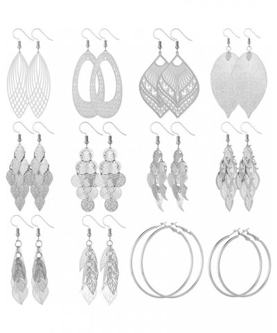 12 Pairs Gold Drop Dangle Earrings Set Long Leaf Earrings Vintage Statement Hoop Earrings for Women Silver $10.50 Earrings