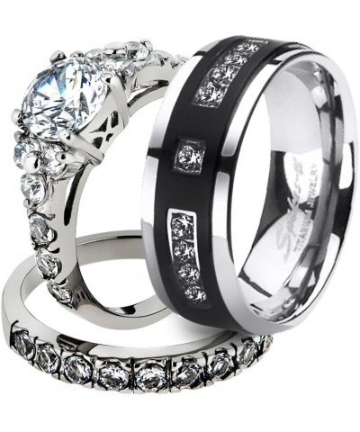 His and Her Stainless Steel 2.50 Carat Cubic Zirconia Bridal Set and Men's Titanium Wedding Band Women's Size 05 Men's Size 0...