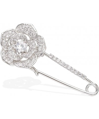 Silver Tone Sparking Micro Pave Layered Petal CZ Rose Flower Cardigan Sweater Safety Pin Brooch $11.39 Brooches & Pins