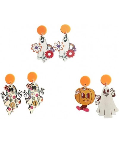 3 Pairs Retro Halloween Happy Ghost Pumpkin Maple Leaf Turkey Wooden Drop Dangle Earrings Cute Funny Lightwight Colorful Flow...