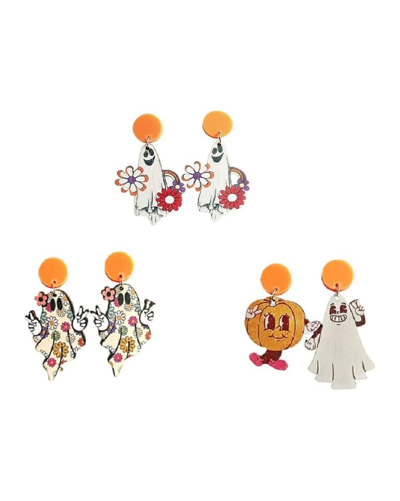 3 Pairs Retro Halloween Happy Ghost Pumpkin Maple Leaf Turkey Wooden Drop Dangle Earrings Cute Funny Lightwight Colorful Flow...