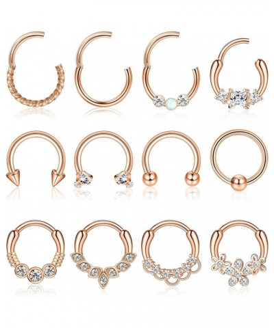 12PCS 16G Septum Clicker Ring 316L Stainless Steel Septum Ring CZ Opal Cartilage Helix Tragus Hoop Daith Earrings Hinged Segm...