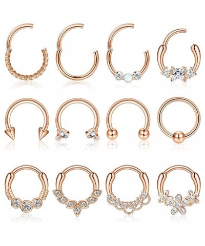 12PCS 16G Septum Clicker Ring 316L Stainless Steel Septum Ring CZ Opal Cartilage Helix Tragus Hoop Daith Earrings Hinged Segm...