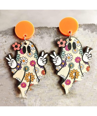 3 Pairs Retro Halloween Happy Ghost Pumpkin Maple Leaf Turkey Wooden Drop Dangle Earrings Cute Funny Lightwight Colorful Flow...