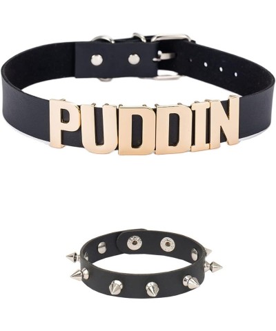 Puddin Leather Choker Necklace Black Leather Spike Rivets Bracelet Puddin Letter Halloween Cosplay Party Jewelry for Women Gi...