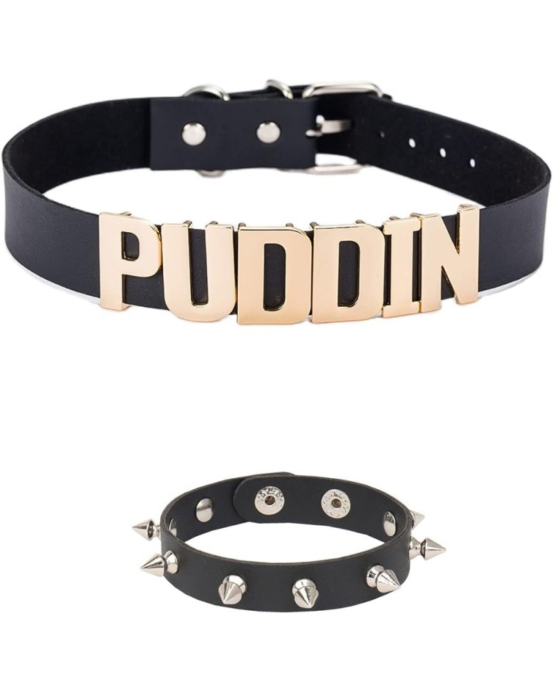 Puddin Leather Choker Necklace Black Leather Spike Rivets Bracelet Puddin Letter Halloween Cosplay Party Jewelry for Women Gi...