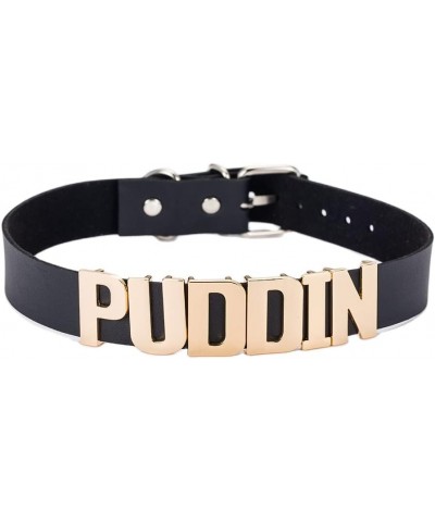 Puddin Leather Choker Necklace Black Leather Spike Rivets Bracelet Puddin Letter Halloween Cosplay Party Jewelry for Women Gi...