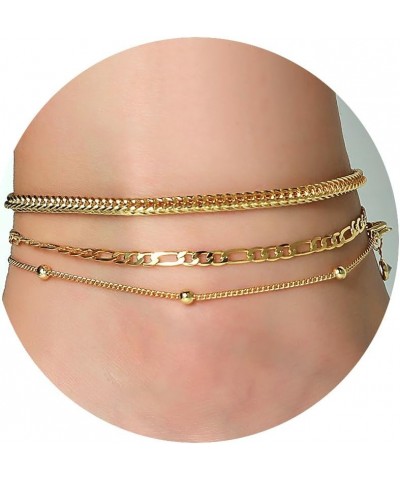 Gold Ankle Bracelets for Women Teen Girls, 18K Gold Plated Dainty Ankles Waterproof Cuban Herringbone Figaro Chain Anklets Se...